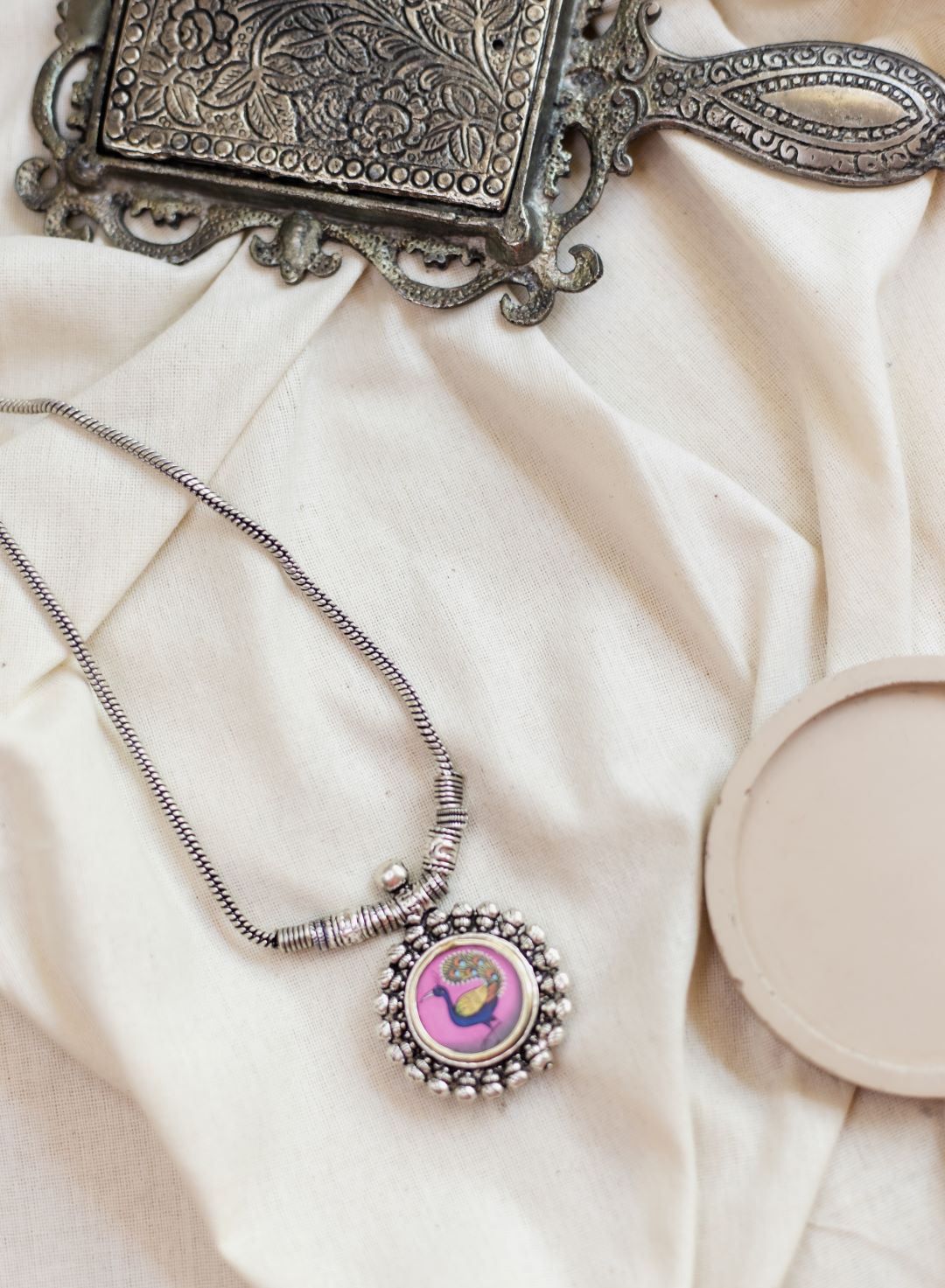 Silver Finish Chain with hand painted peacock pendant -17A