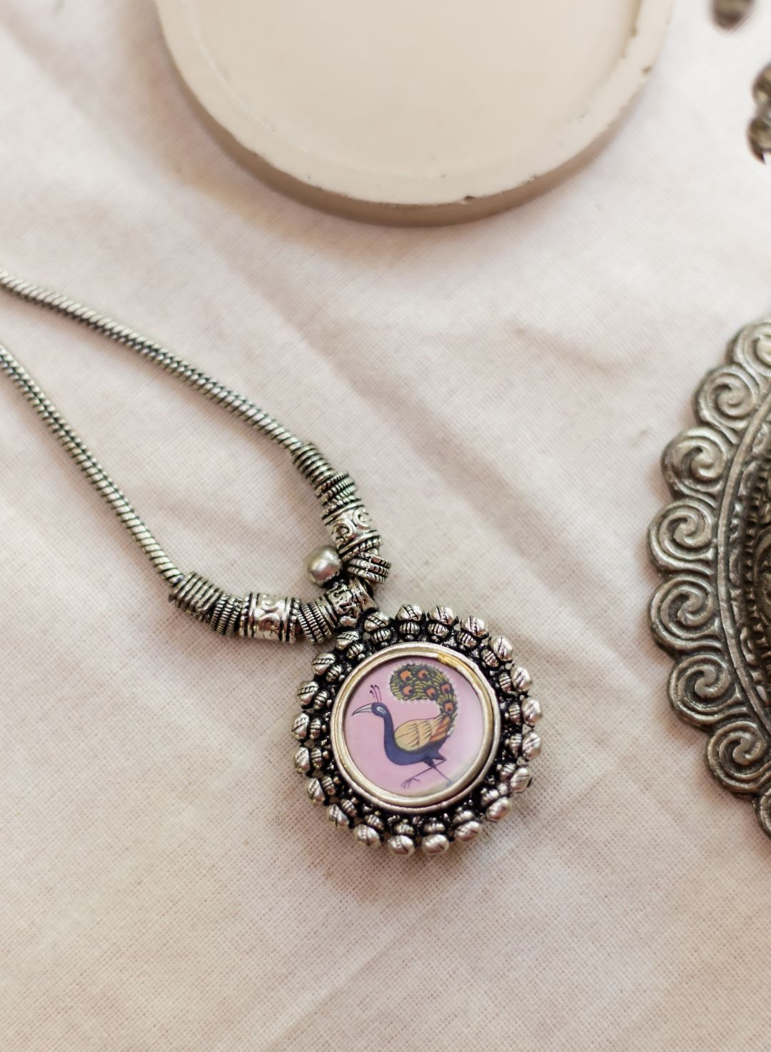 Silver Finish Chain with hand painted peacock pendant -17B