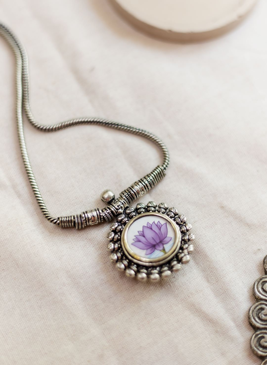 Silver Finish Chain with hand painted Lotus pendant - 18A