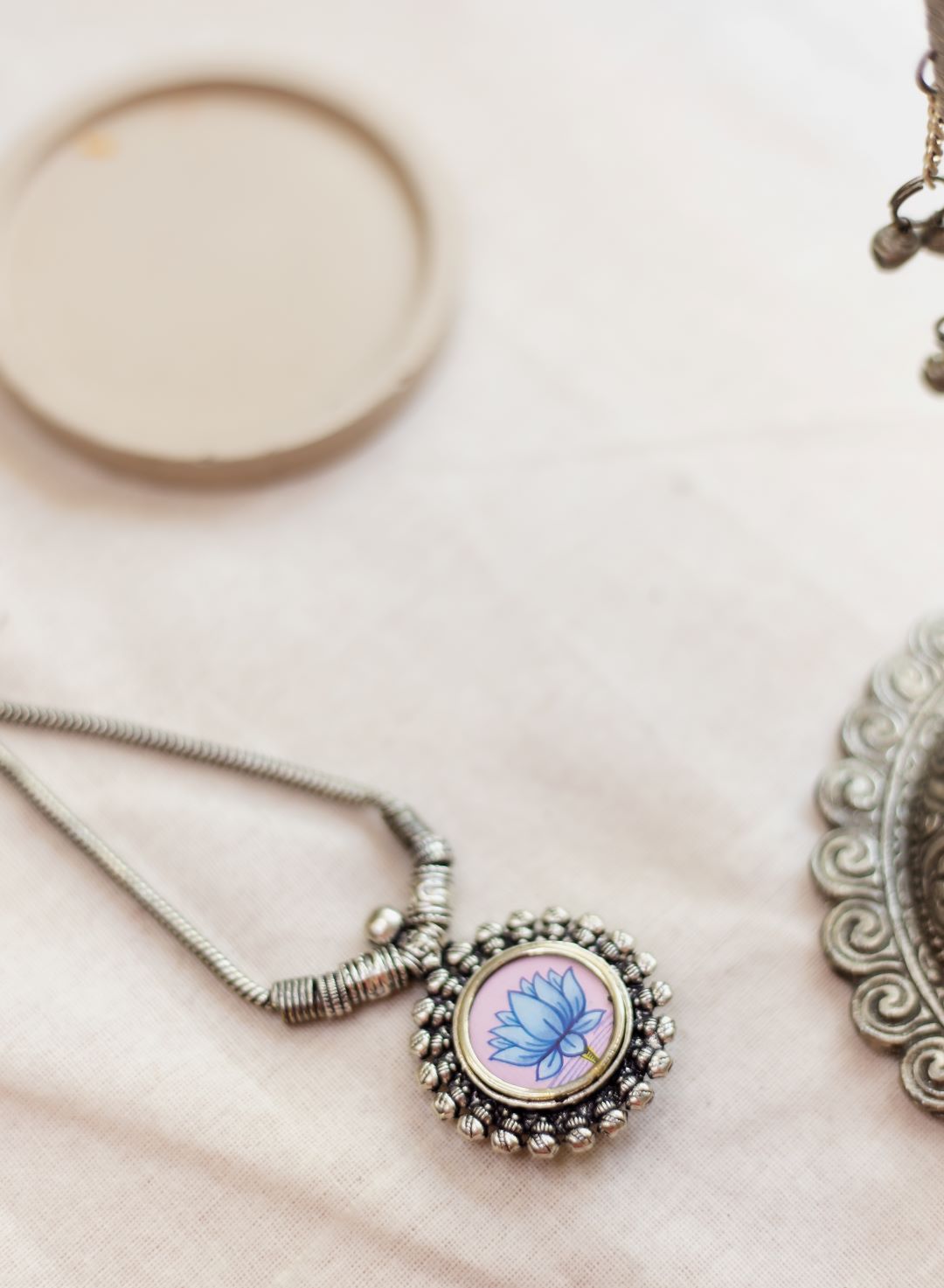 Silver Finish Chain with hand painted lotus pendant - 18 B