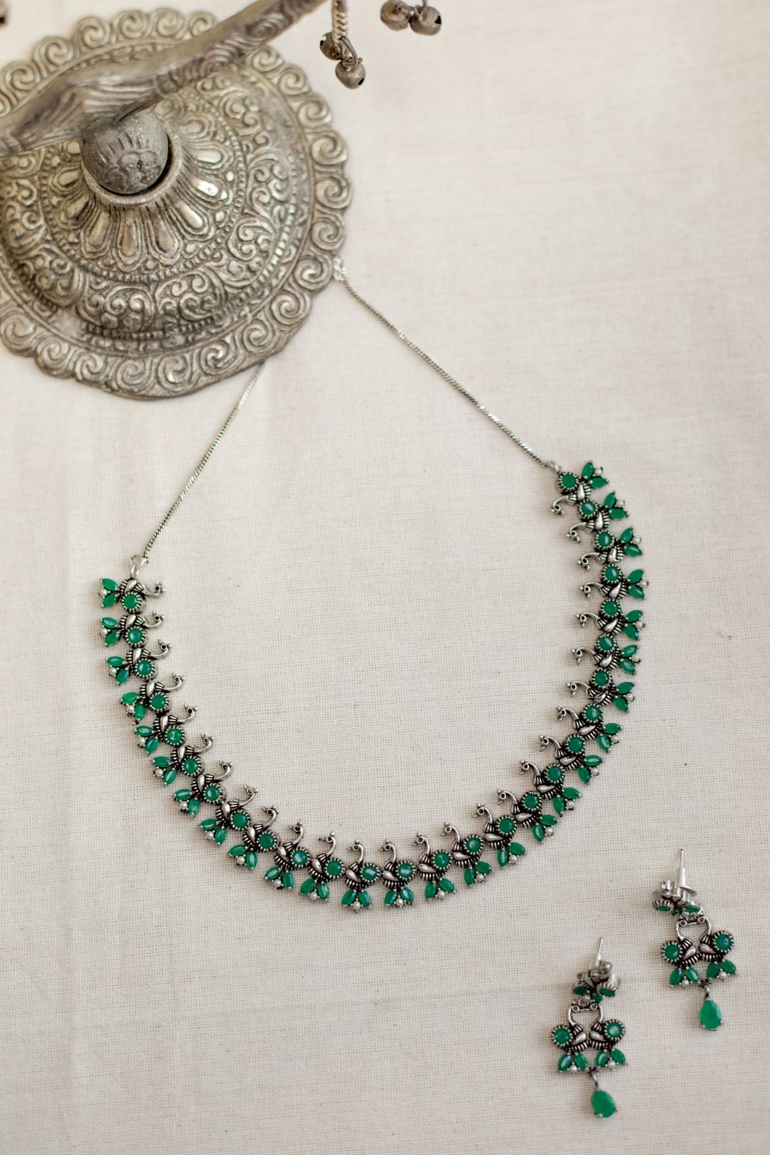 Silver Finish peacock sequence Stone Necklace -29A
