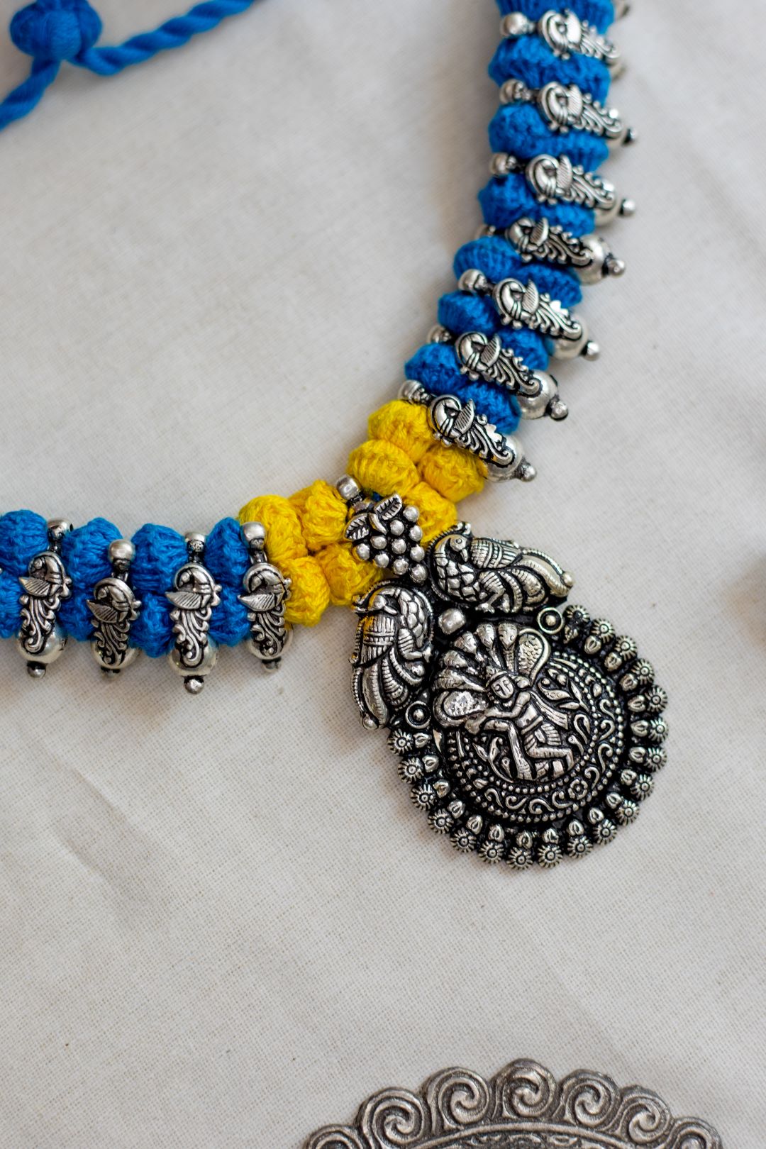 Silver Finish Dancing peacock Necklace with kalinga narthanam pendant - 32A