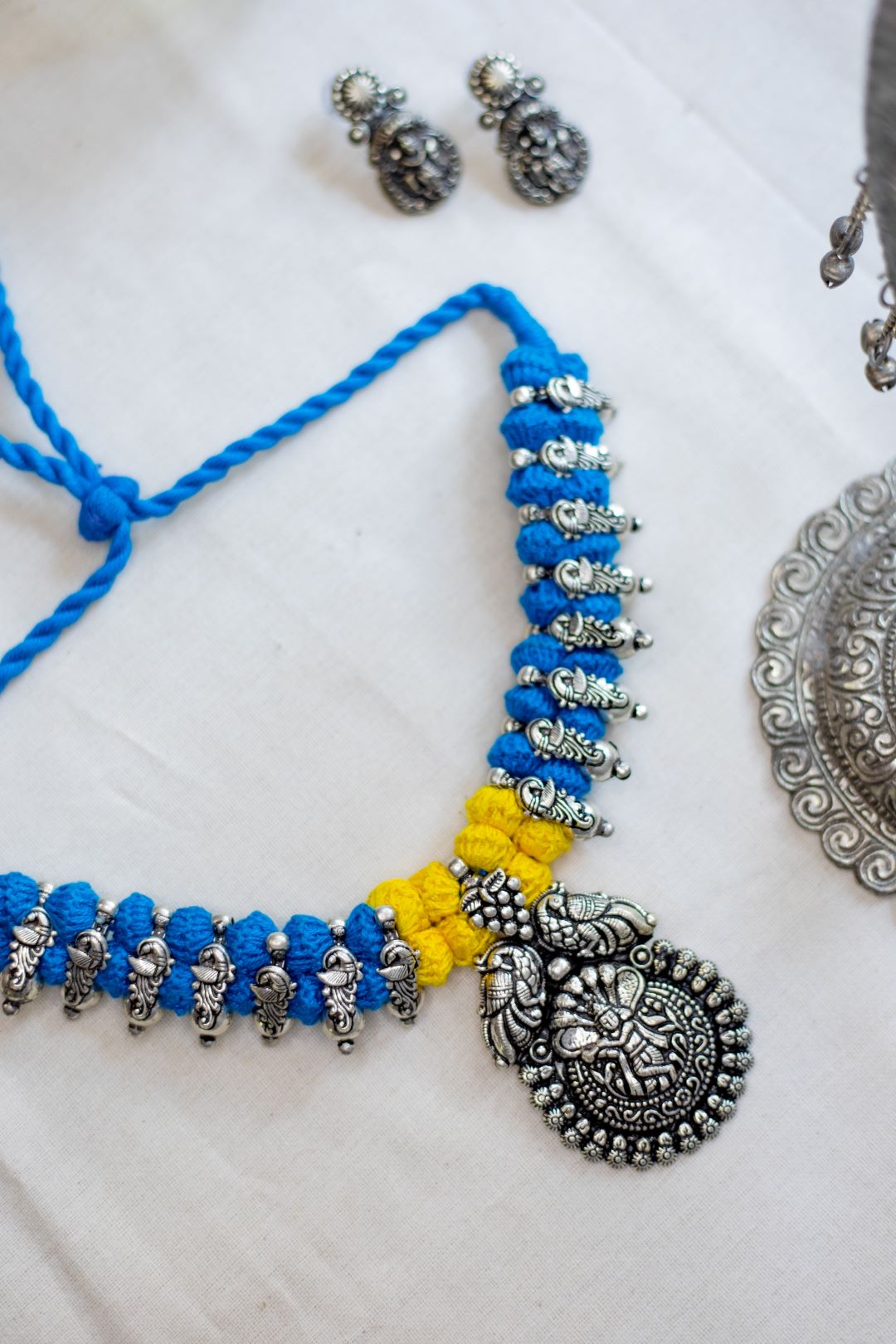 Silver Finish Dancing peacock Necklace with kalinga narthanam pendant - 32B