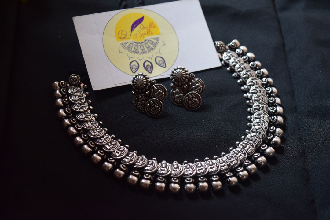 Silver Finish Lakshmi Coin Necklace with stud
