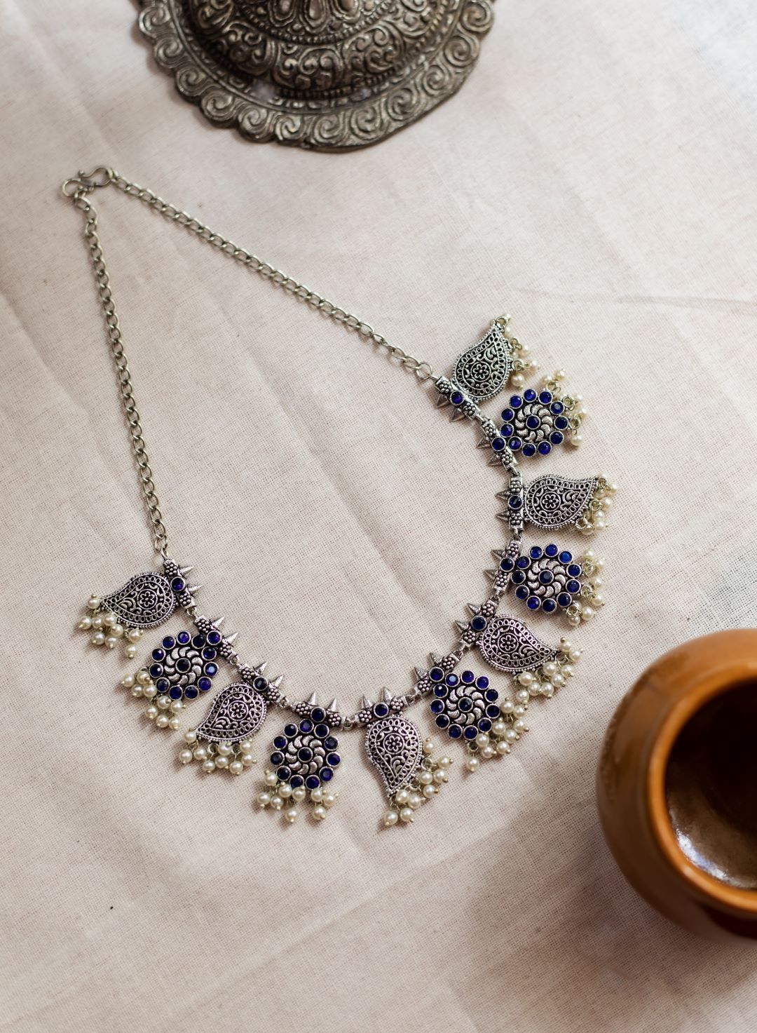 Silver Finish Flower & mango motifs sequence necklace -39A