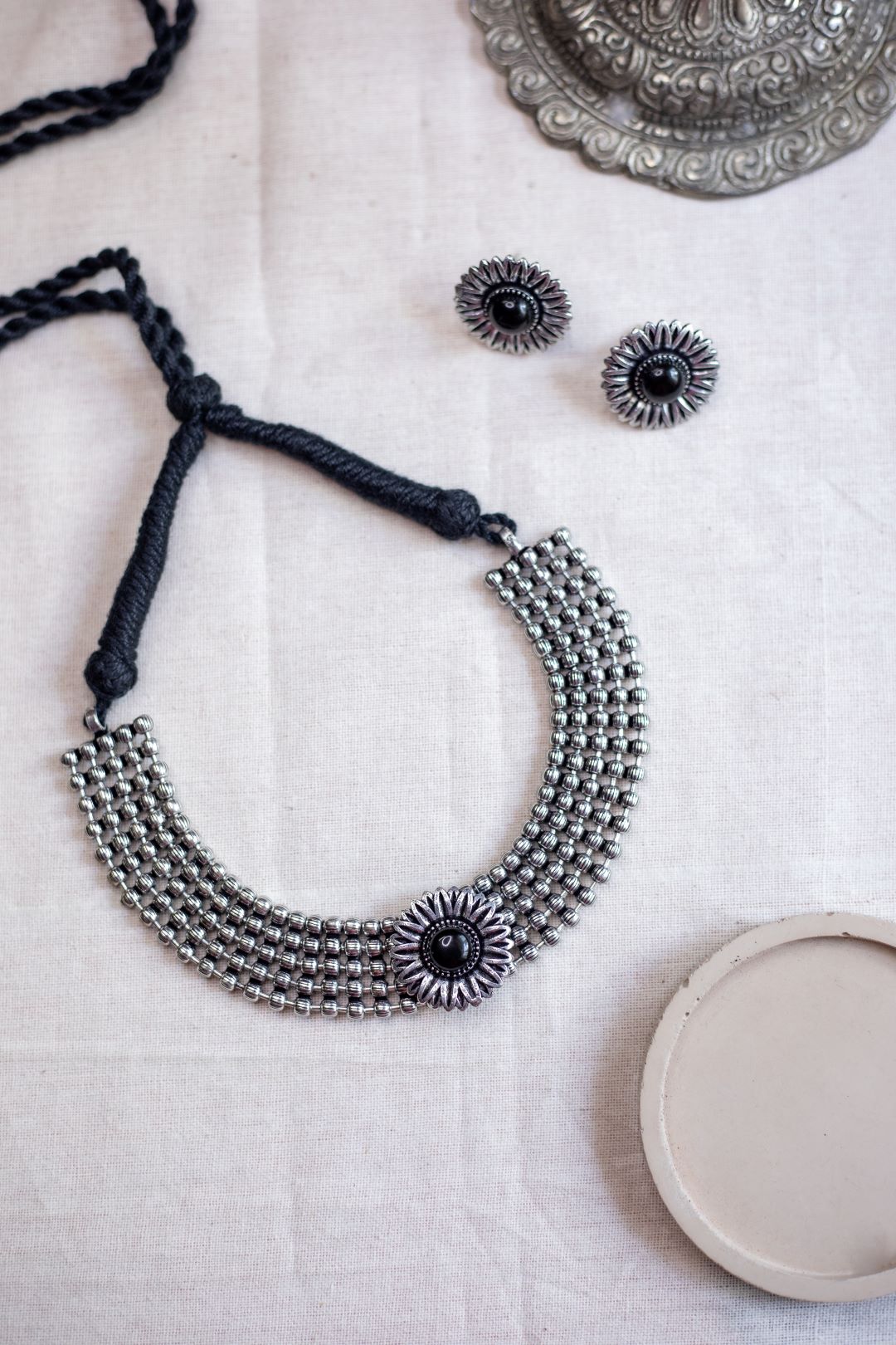 Silver Finish Layered beads high neck Chocker with pendant- 40A