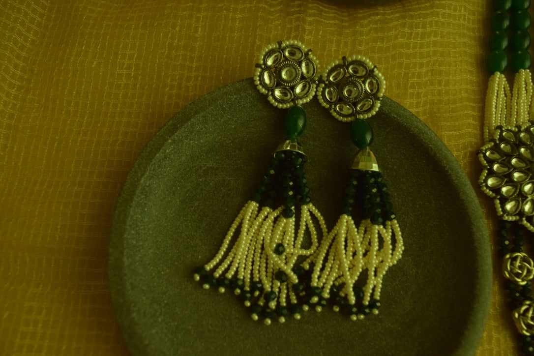 Silver Finish Layared haaram with Beads ,flower mugappu -41A