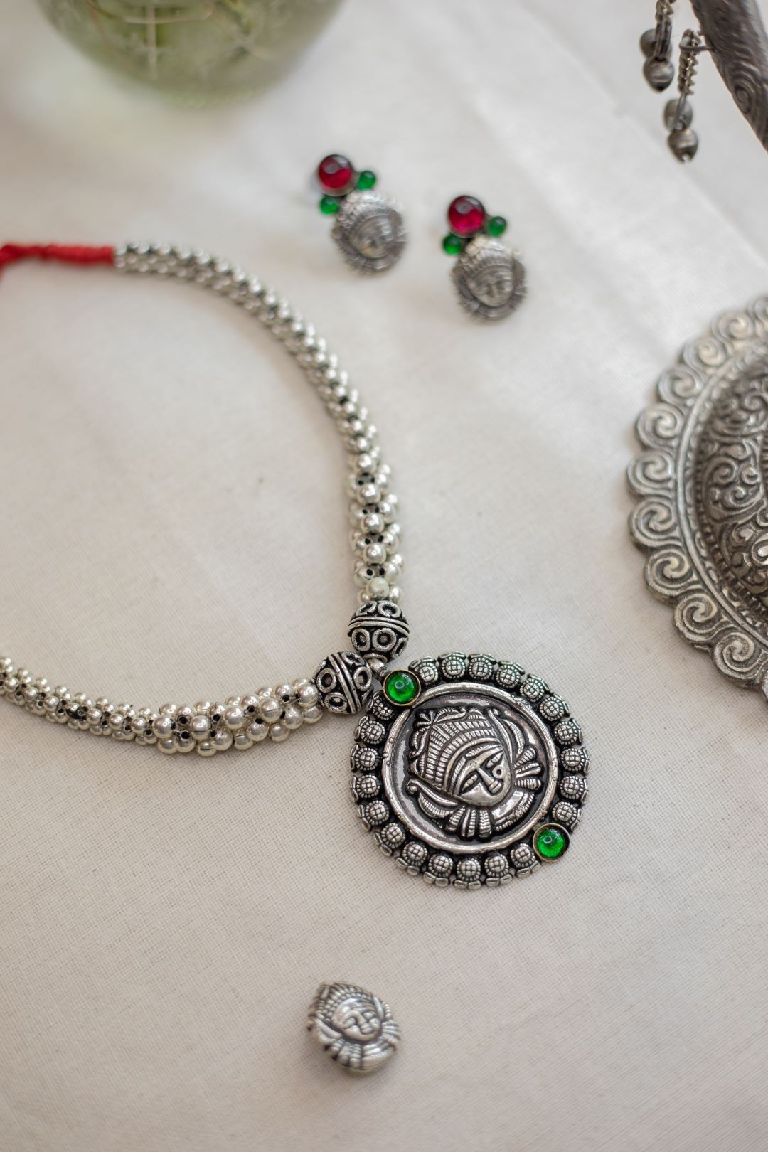 Silver finish Cluster beads with Durga pendant