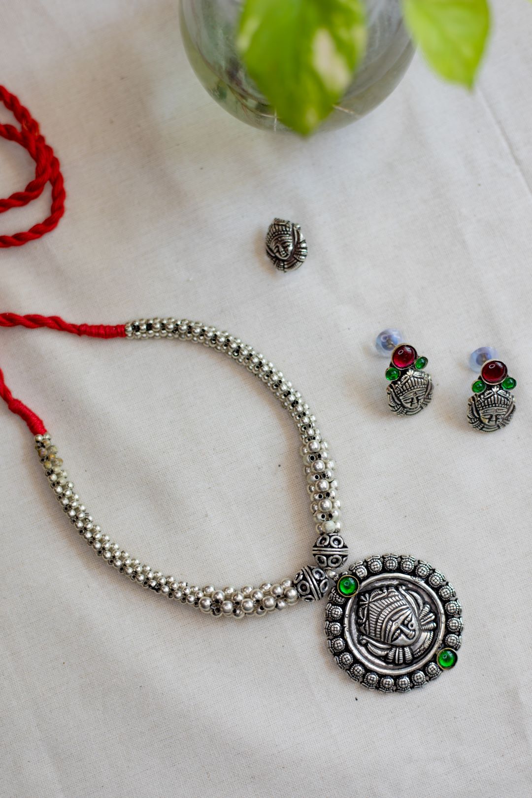Silver finish Cluster beads with Durga pendant