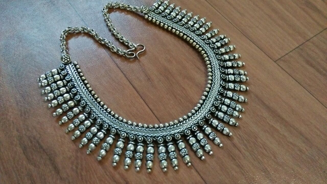 Silver Finish Spike Kolhapuri Necklace Model 3 with stud