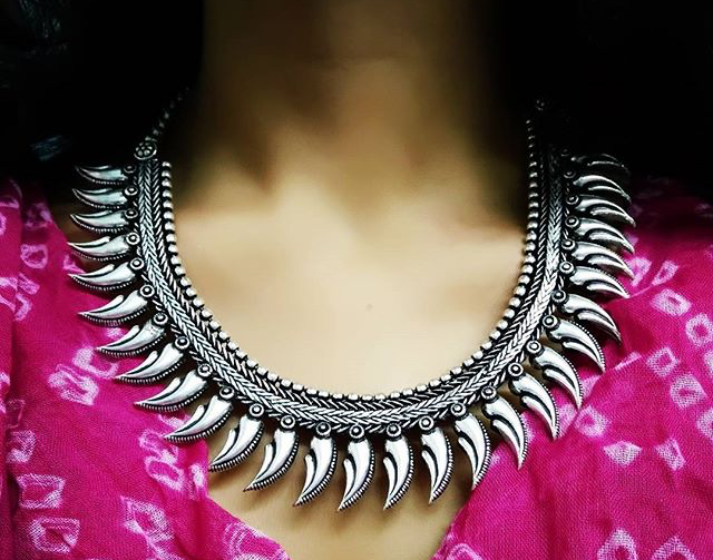 Silver Finish Spike Kolhapuri Necklace Model 4 with stud