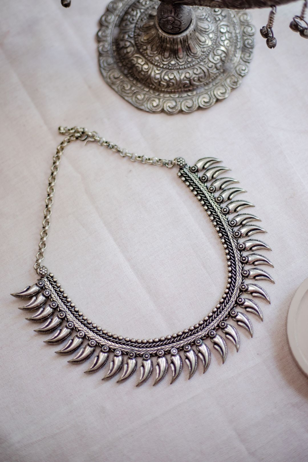 Silver Finish Spike Kolhapuri Necklace Model 4 with stud