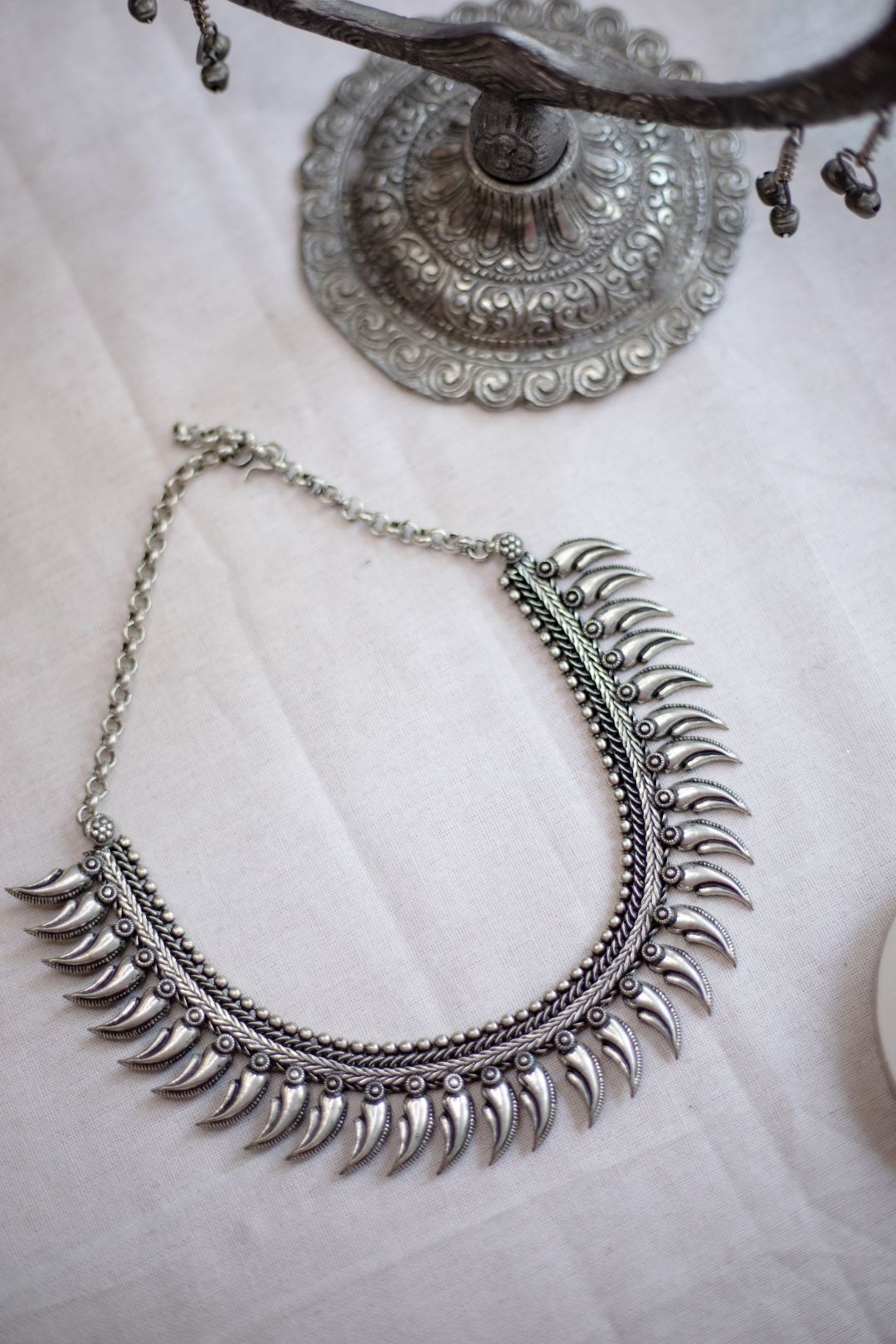 Silver Finish Spike Kolhapuri Necklace Model 4 with stud
