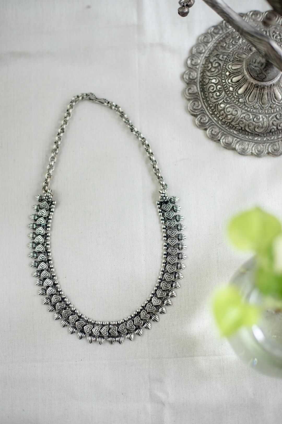 Silver Finish tiny heart motifs with heart droplets - Mini Kolhapuri Necklace