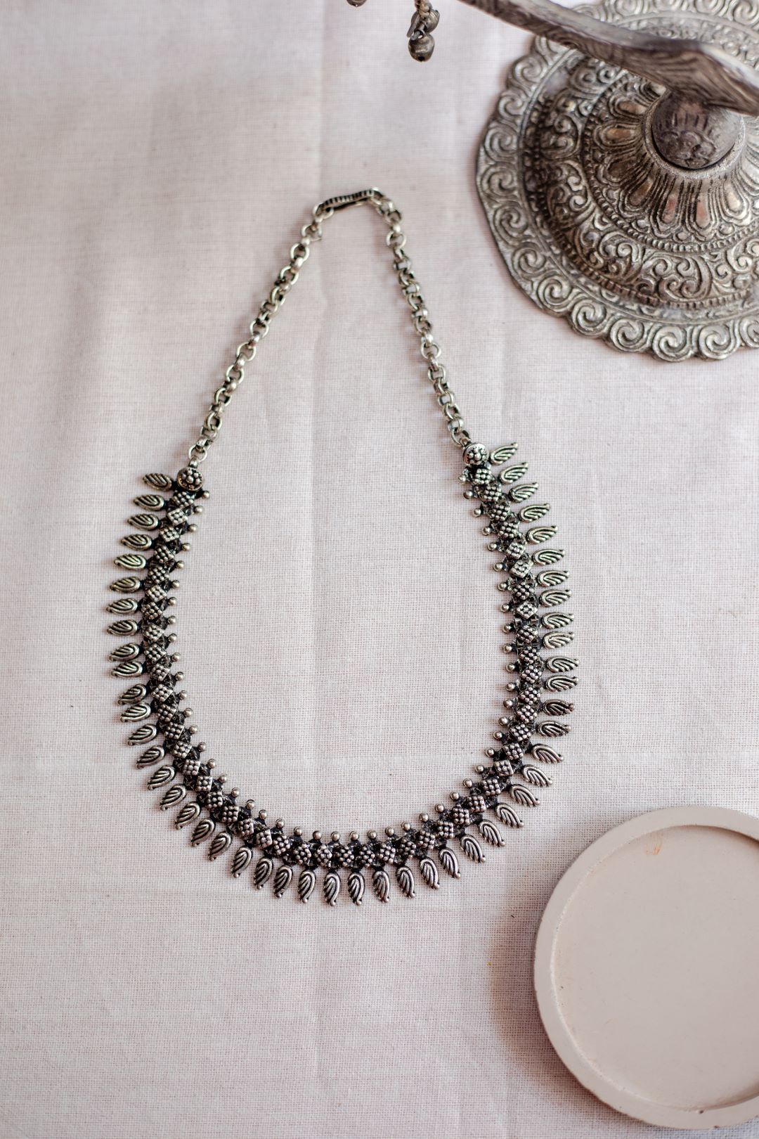 Silver Finish Sequance diamond with feather droplets - Mini Kolhapuri Necklace