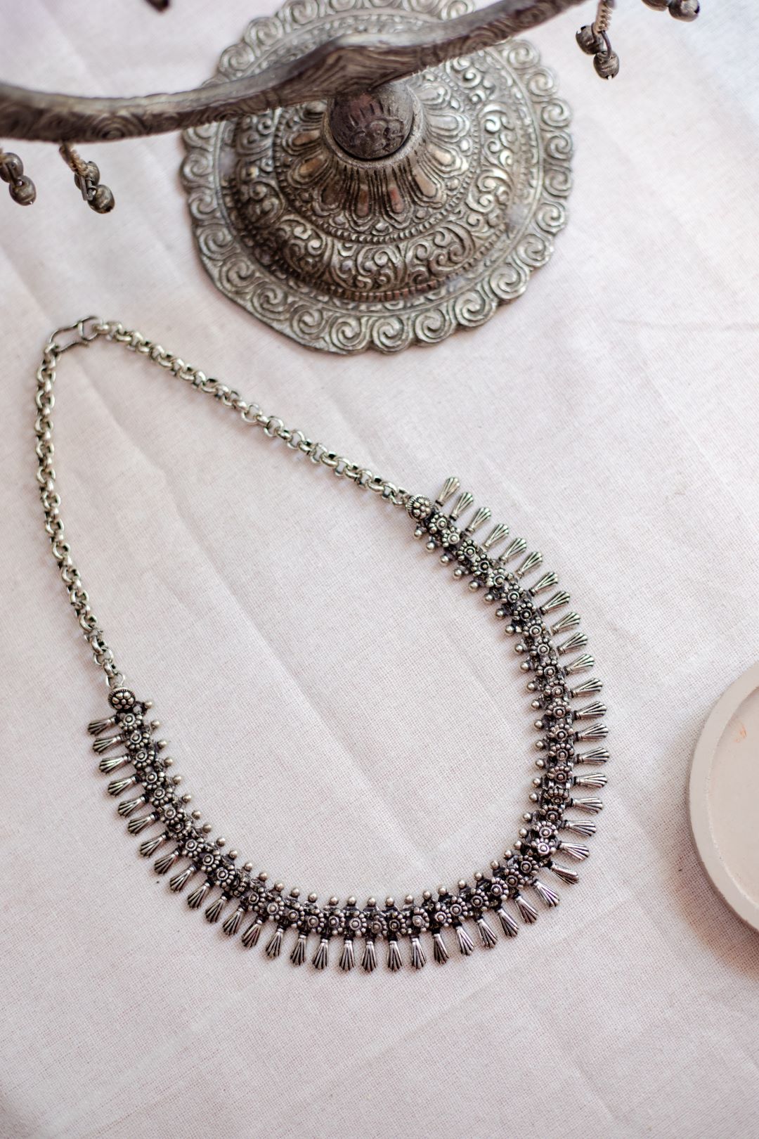 Silver Finish seashell sequence Necklace with spikes droplets - Mini Kolhapuri Necklace
