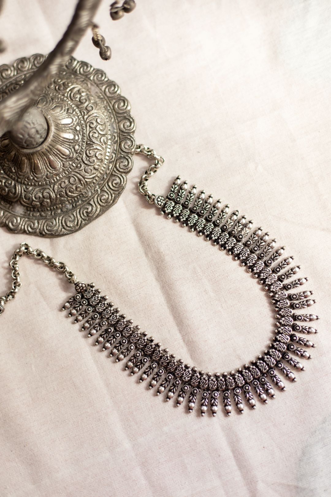 Silver Finish Half peacock sequence Necklace / Anklet with spikes droplets - Mini Kolhapuri Necklace
