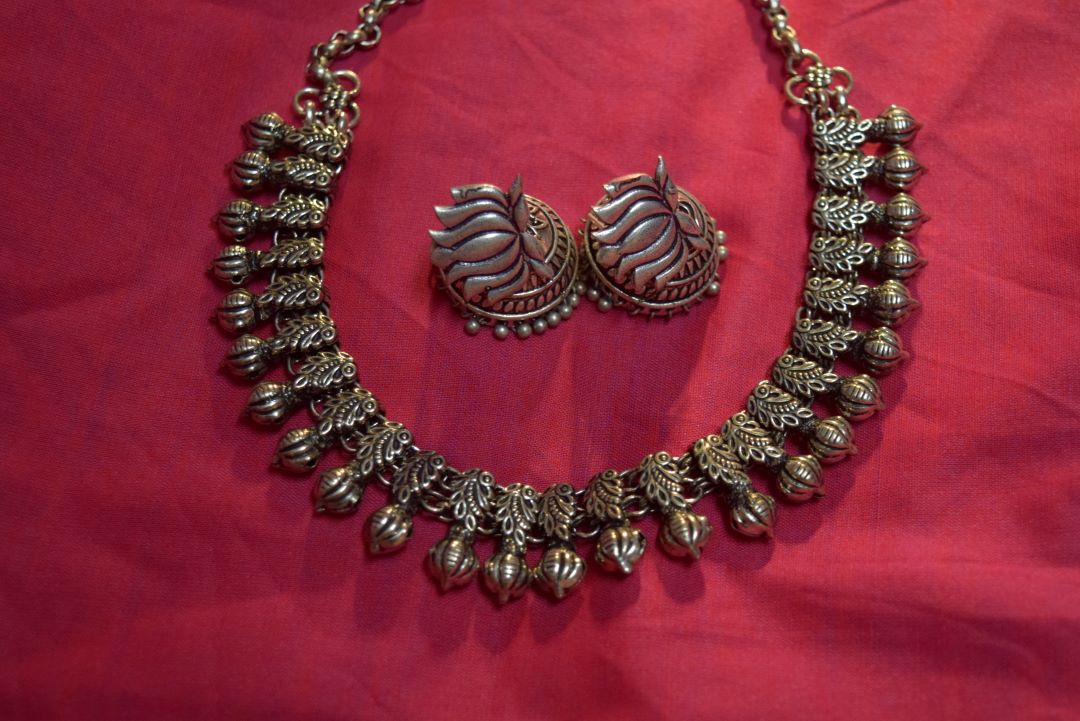 Silver Finish Half-Peacock sequence Necklace with Lotus bud (pumpkin beads) - Kolhapuri Necklace
