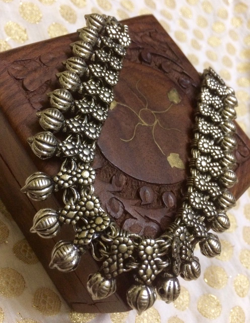 Silver Finish Diamond sequence Necklace with Lotus bud (pumpkin beads) - Kolhapuri Necklace