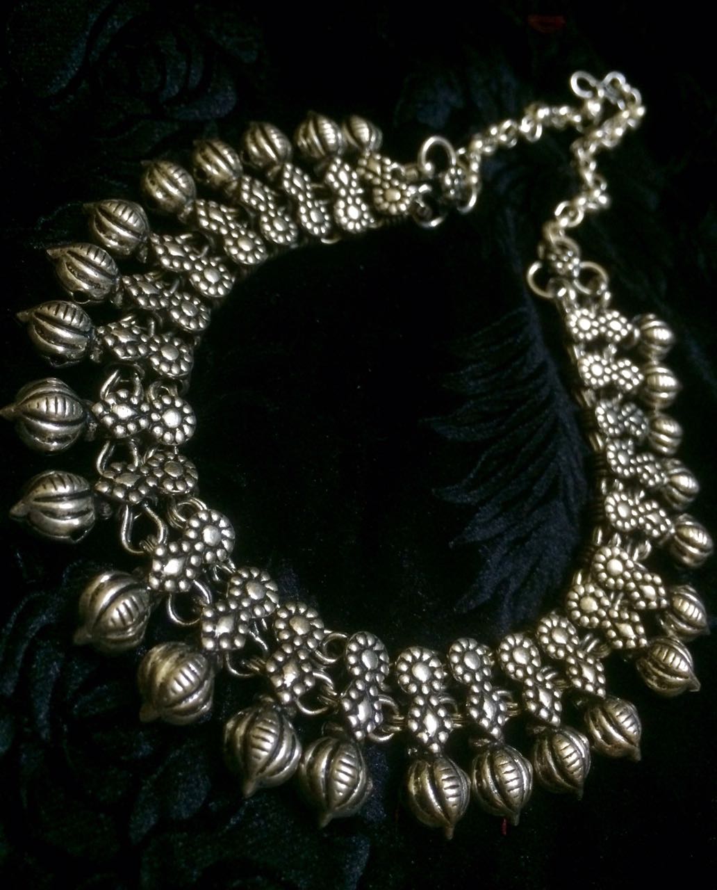 Silver Finish Diamond sequence Necklace with Lotus bud (pumpkin beads) - Kolhapuri Necklace