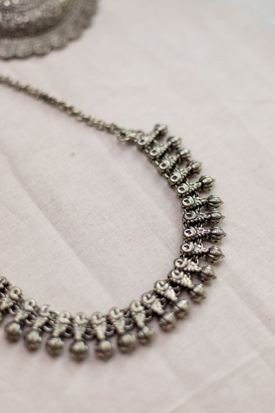Silver Finish Full peacock sequence Necklace with Lotus bud (pumpkin beads) - Kolhapuri Necklace