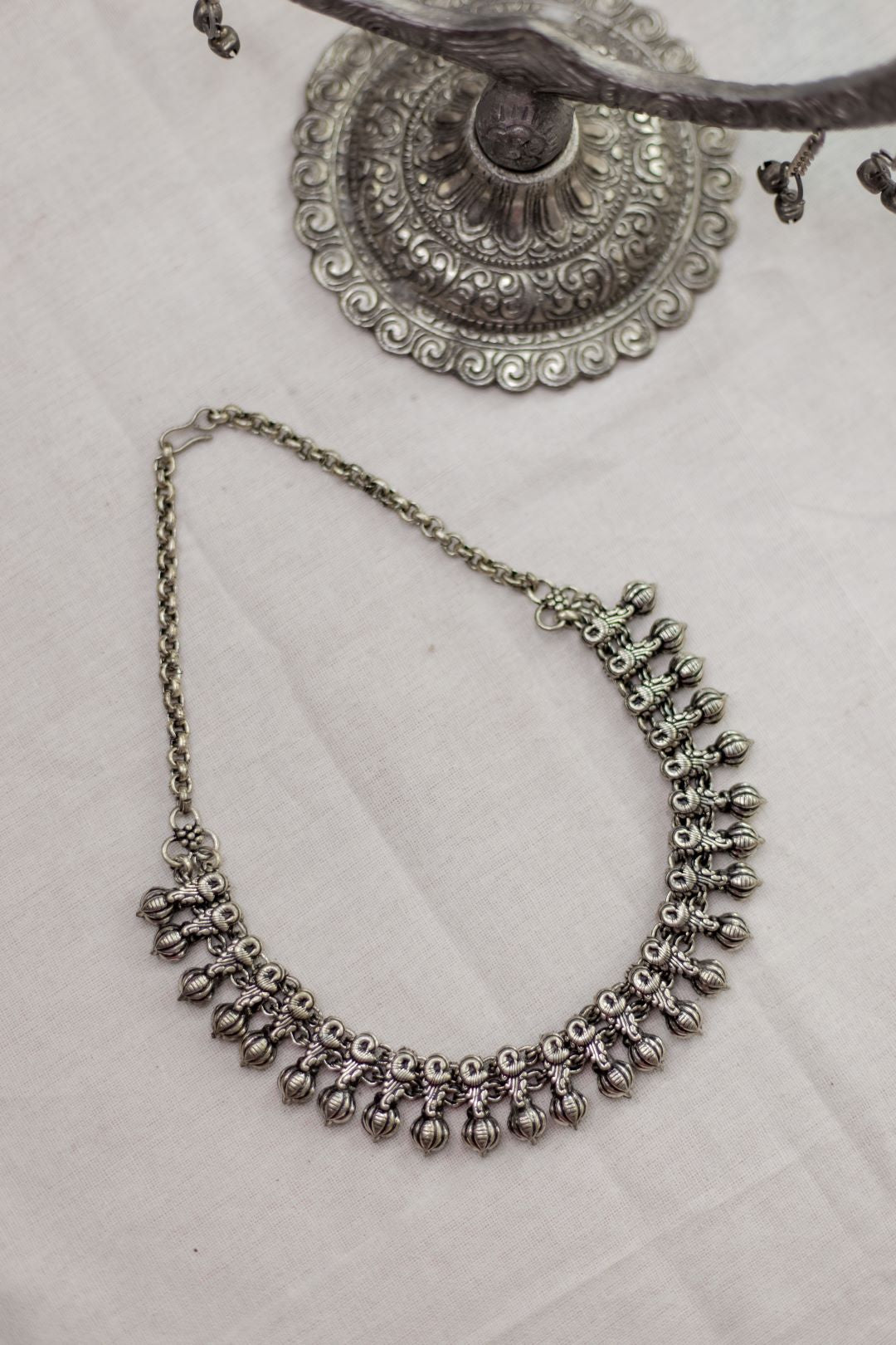 Silver Finish Full peacock sequence Necklace with Lotus bud (pumpkin beads) - Kolhapuri Necklace