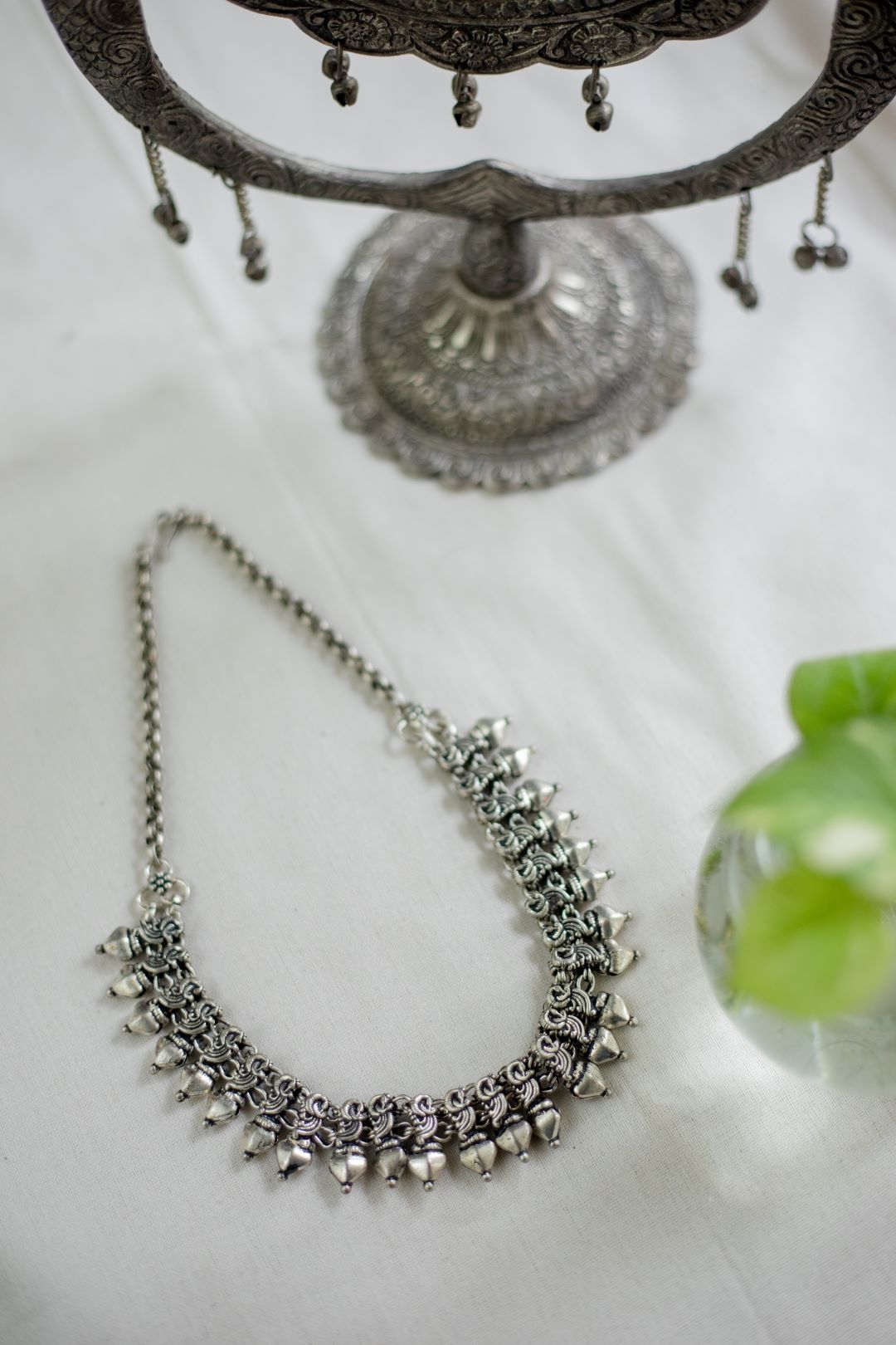 Silver Finish Dancing Peacock sequence Necklace with heart Spike droplets - Kolhapuri Necklace
