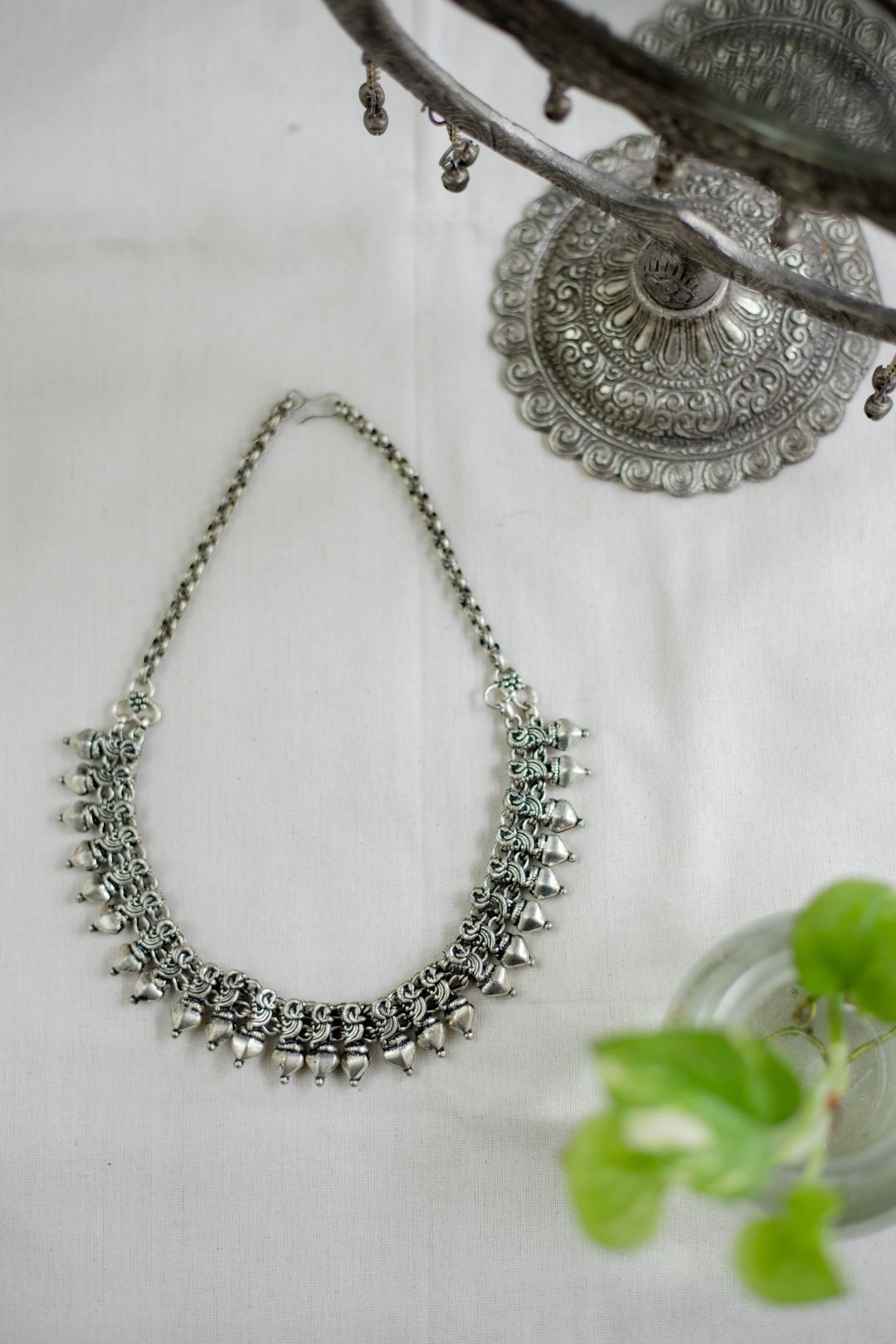 Silver Finish Dancing Peacock sequence Necklace with heart Spike droplets - Kolhapuri Necklace