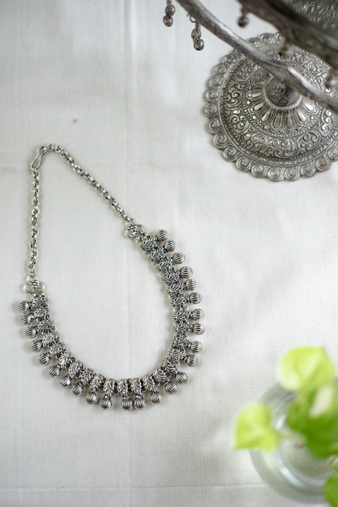 Silver Finish Half - Peacock sequence Necklace with Round striped balls - Kolhapuri Necklace