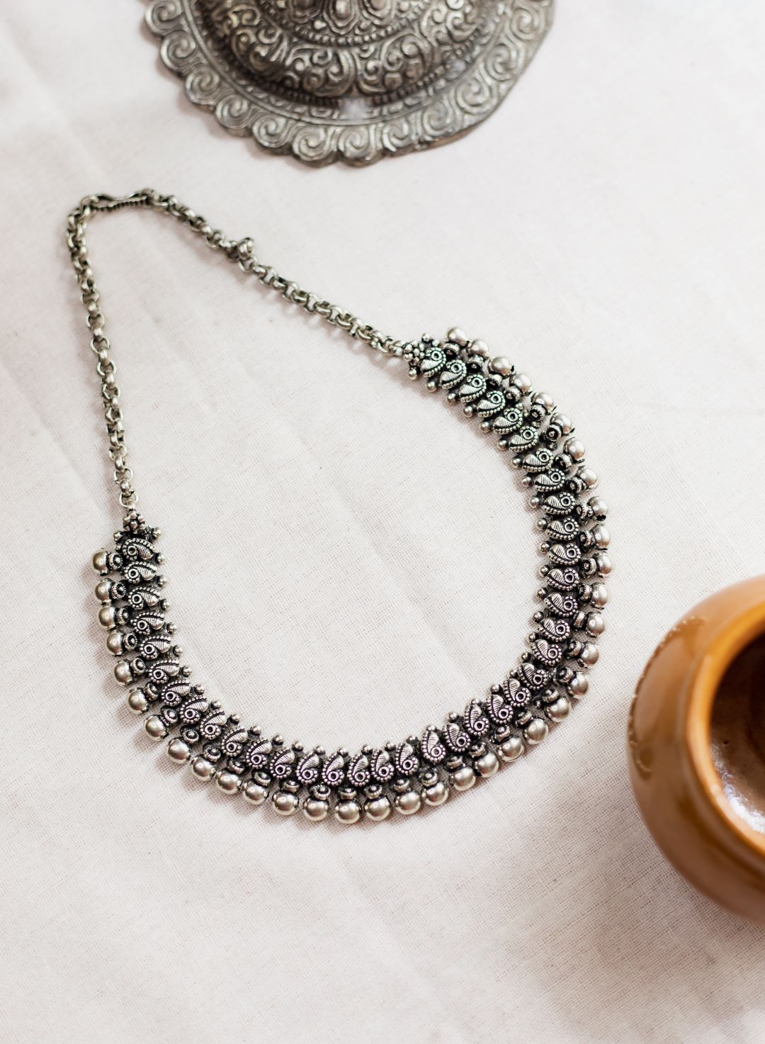 Silver Finish Half Peacock sequence Necklace with round beads - Kolhapuri Necklace