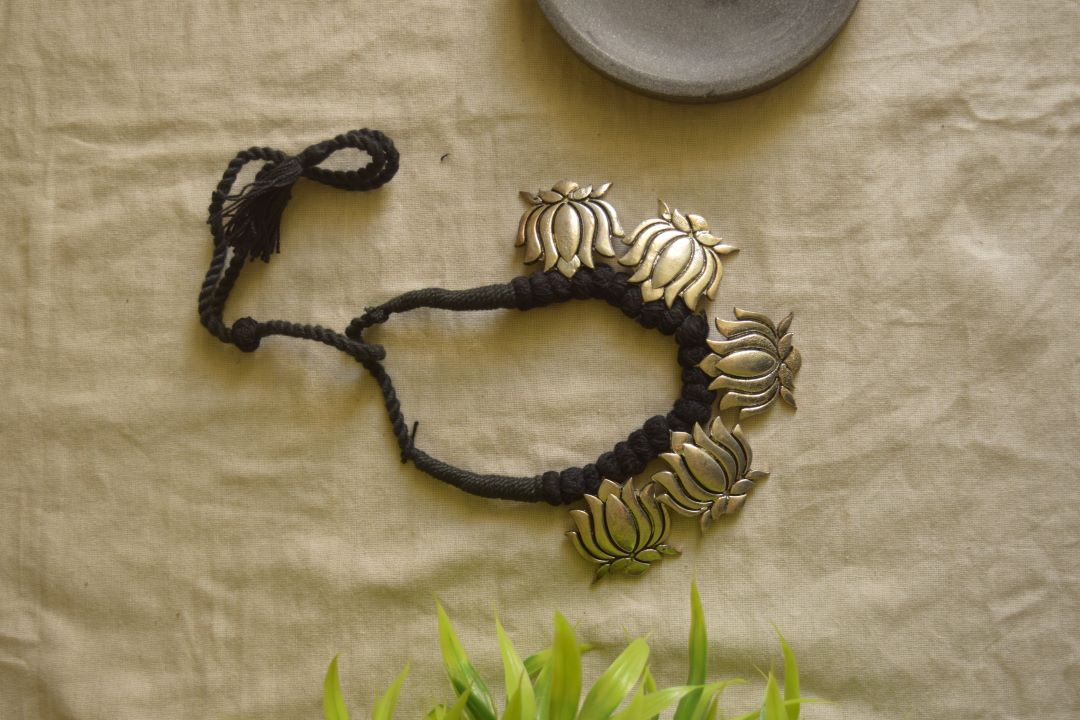 Silver finish -Black thread with 5 jhumbo lotus pendant necklace