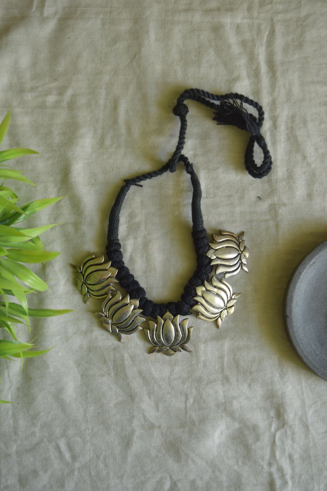 Silver finish -Black thread with 5 jhumbo lotus pendant necklace