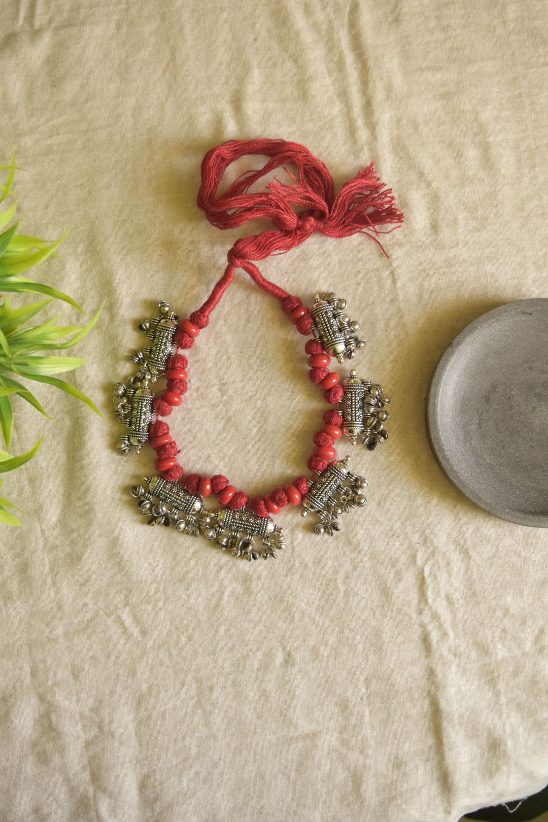 Red thread with beads & bullet pendant with muthu # guttapusulu model