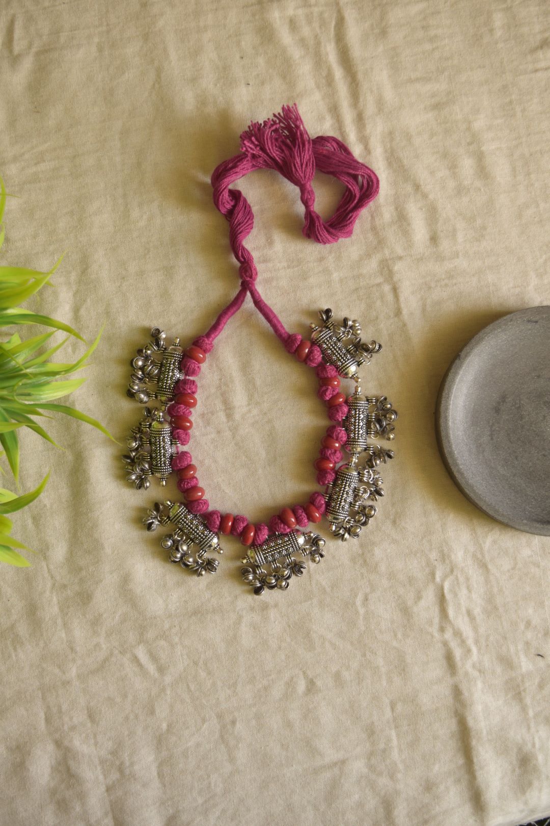 Pink thread with beads & bullet pendant with muthu # guttapusulu model