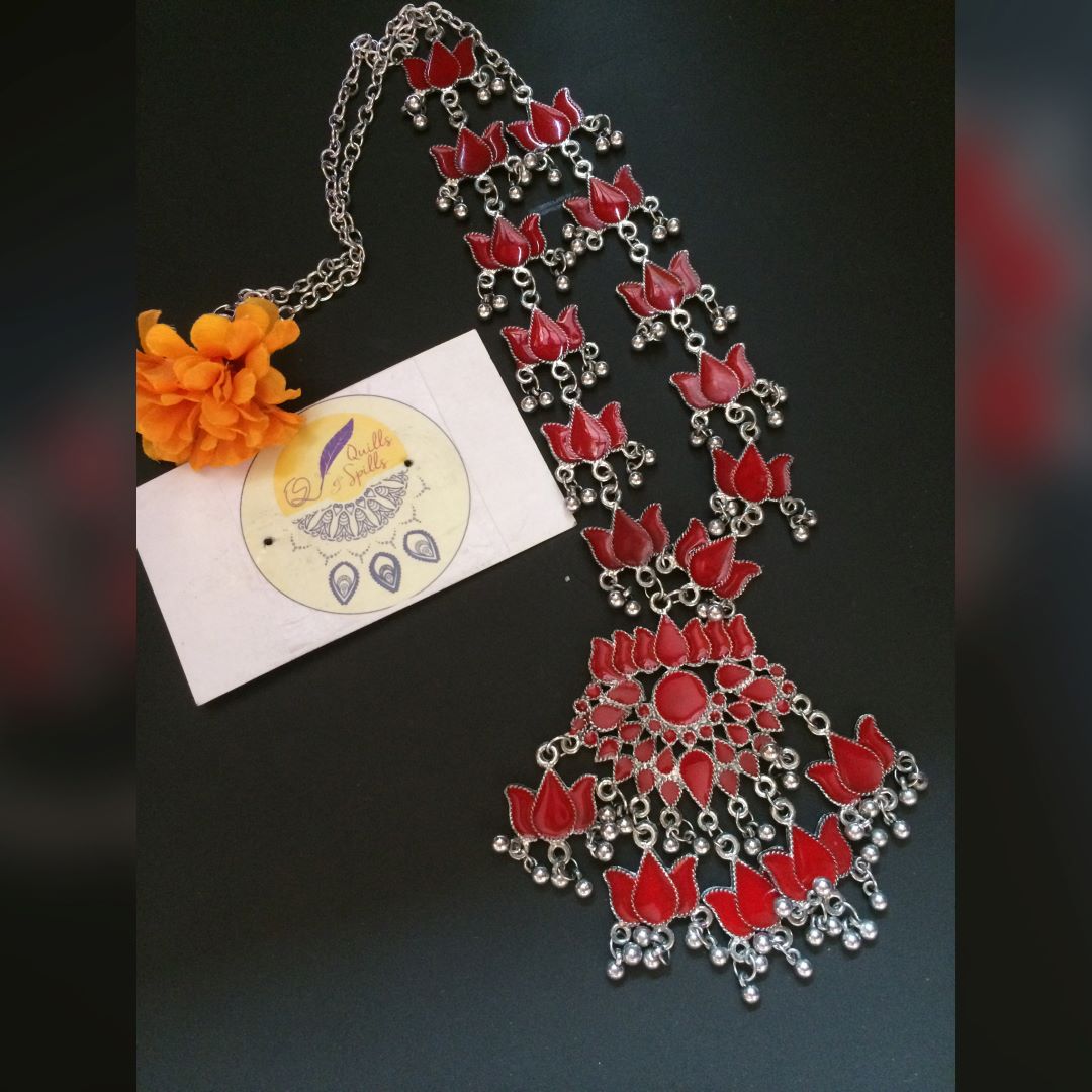 Silver finish Enamel lotus haaraam with lotus pendant- red