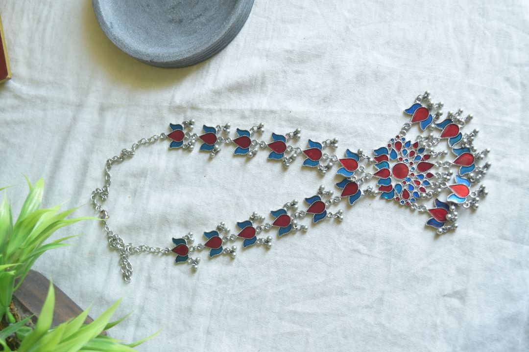 Silver finish Enamel lotus haaraam with lotus pendant- red & blue