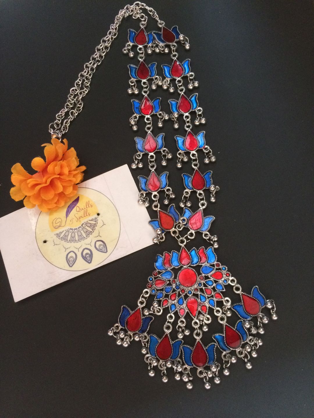 Silver finish Enamel lotus haaraam with lotus pendant- red & blue