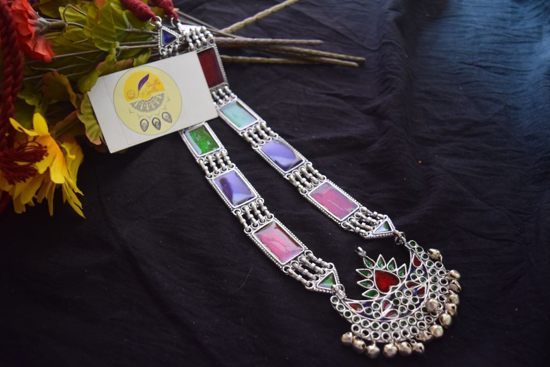 Silver Finish long rectangle haaram enamel with jumbo pendant - green & maroon