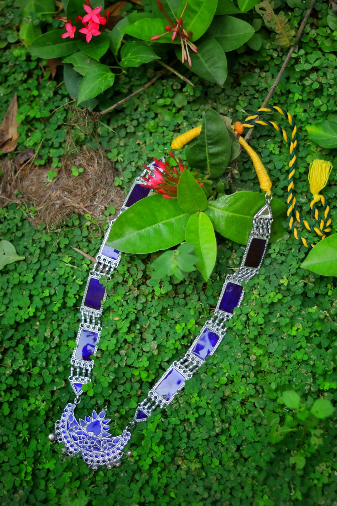 Silver Finish long rectangle haaram enamel with jumbo pendant - Navy blue