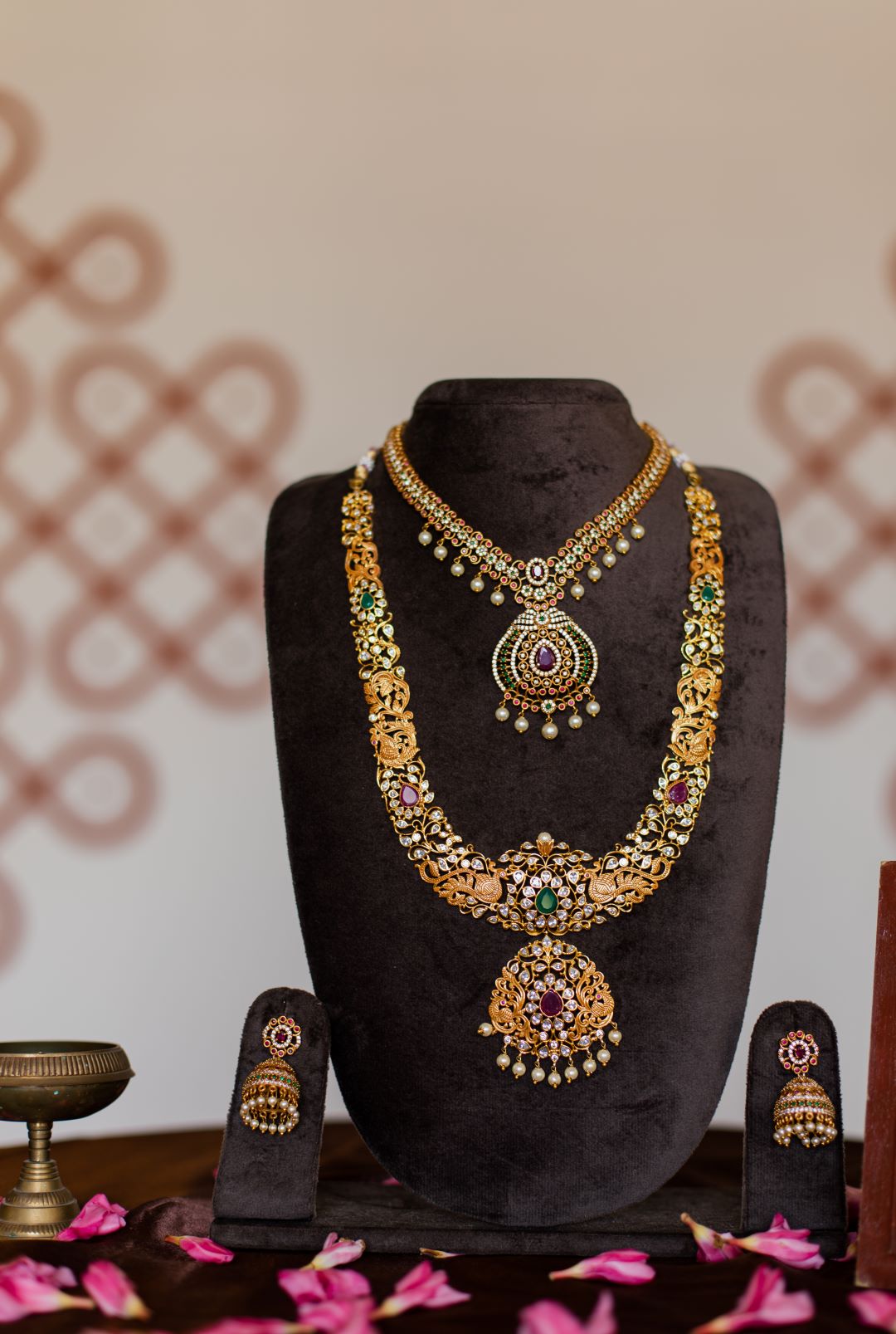 Peacock AD , Ruby, Emerald Haram With Stud cut work (Jumbo Model)