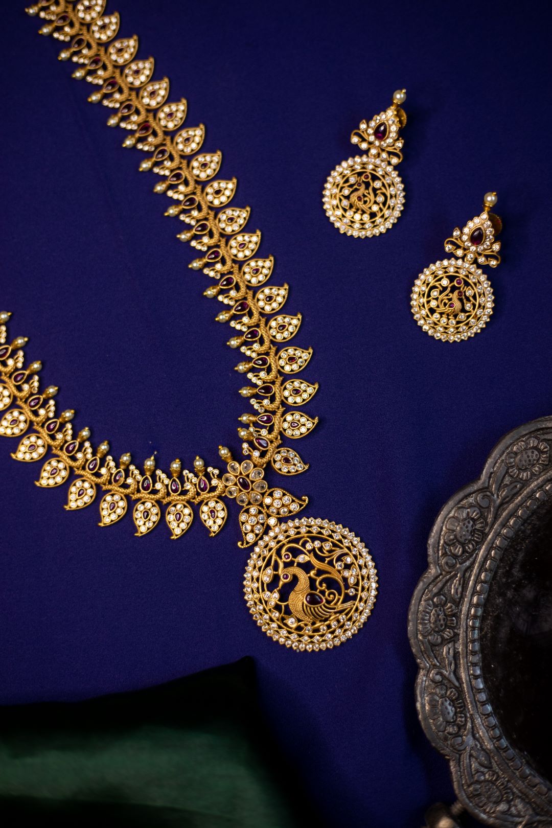 Mango Peacock AD -Ruby with chakram peacock pendant & Stud