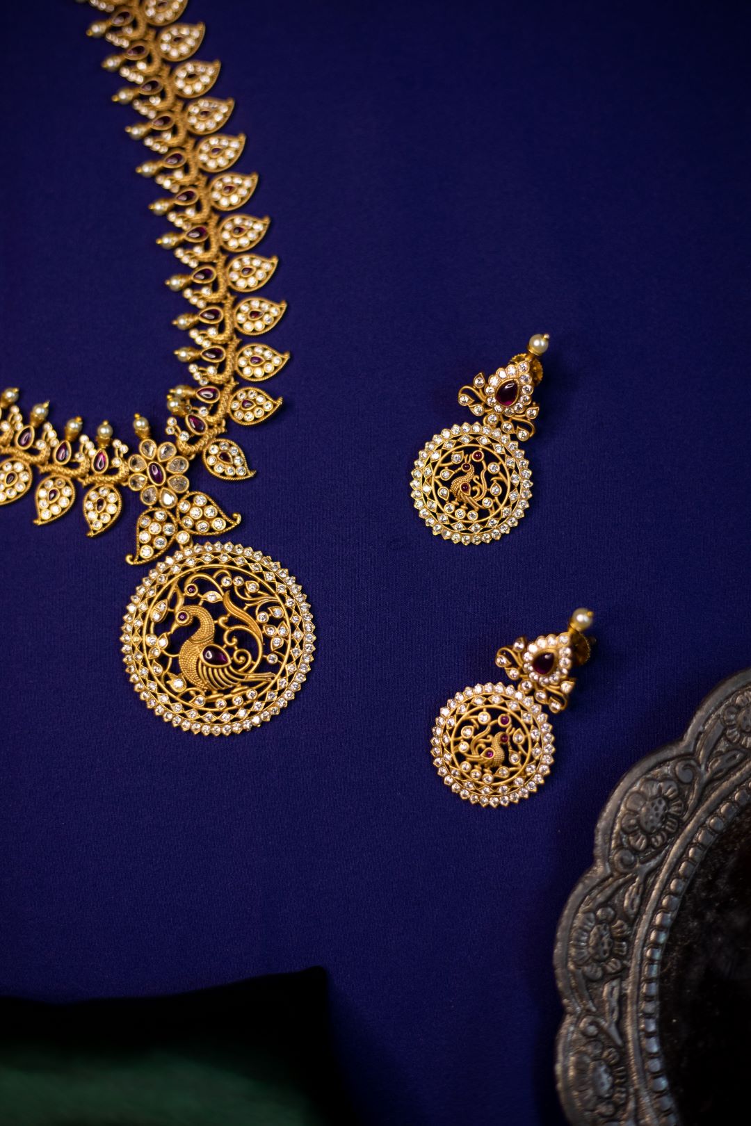 Mango Peacock AD -Ruby with chakram peacock pendant & Stud