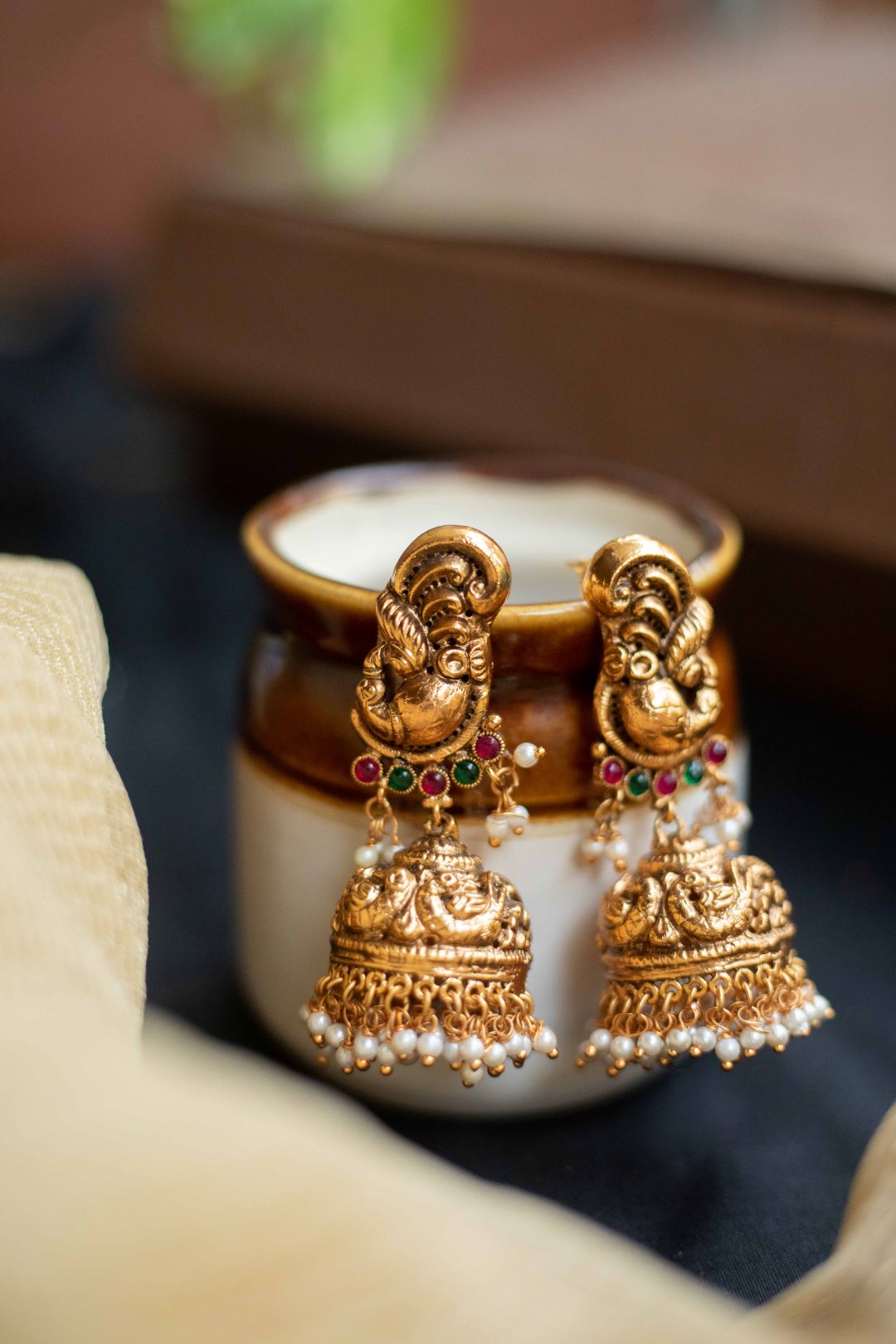 Mango,Twin Peacock Pendant Nagasu(With Jhumkas)