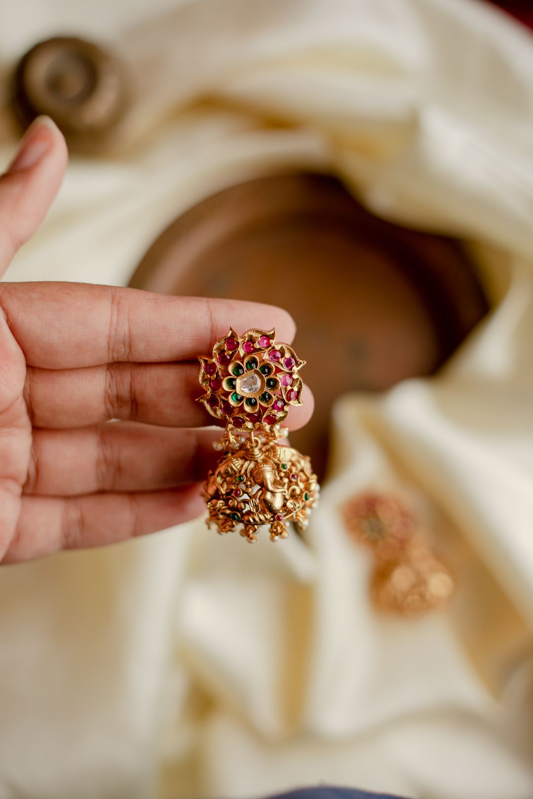 Matte finish - Peacock & ganapathy Jhumka