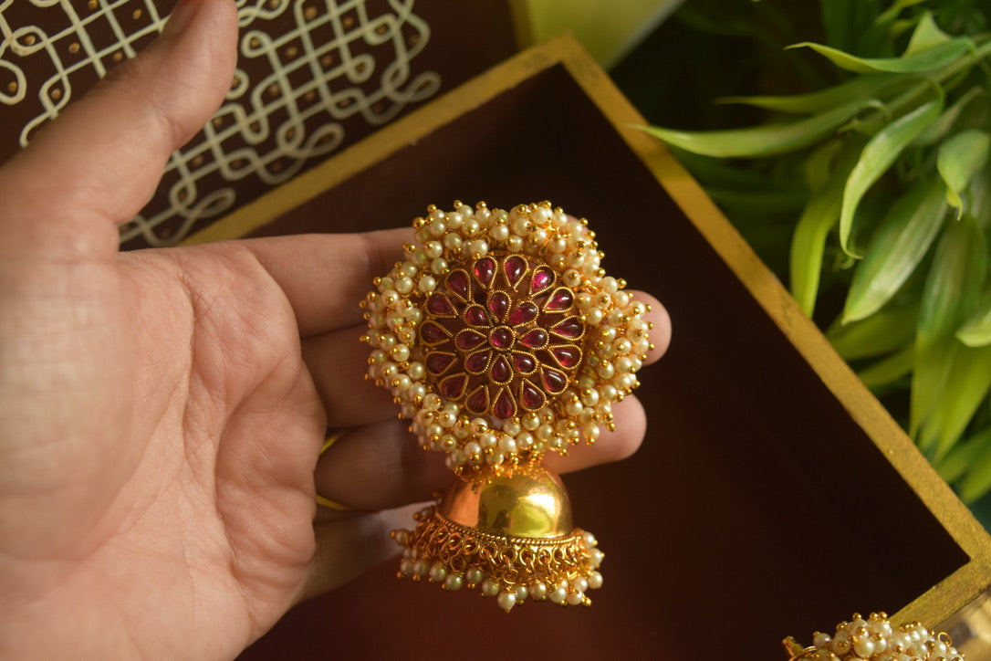 Matte finish - pearl statement stud jhumka-24A