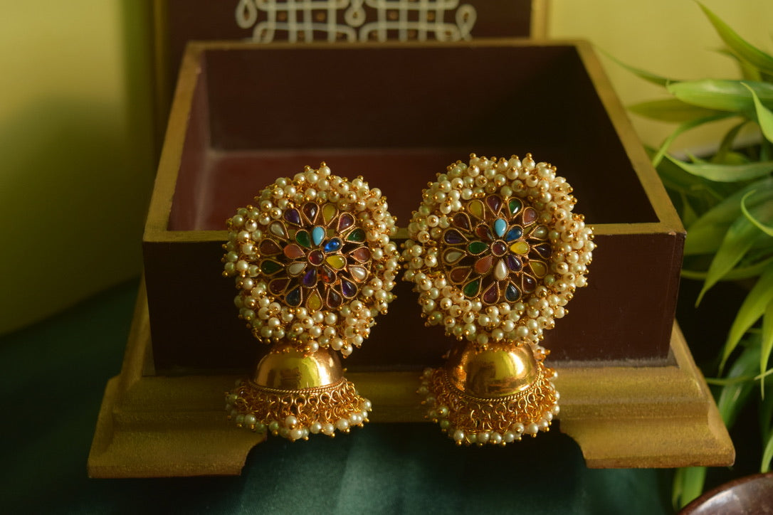 Matte finish - pearl statement stud jhumka
