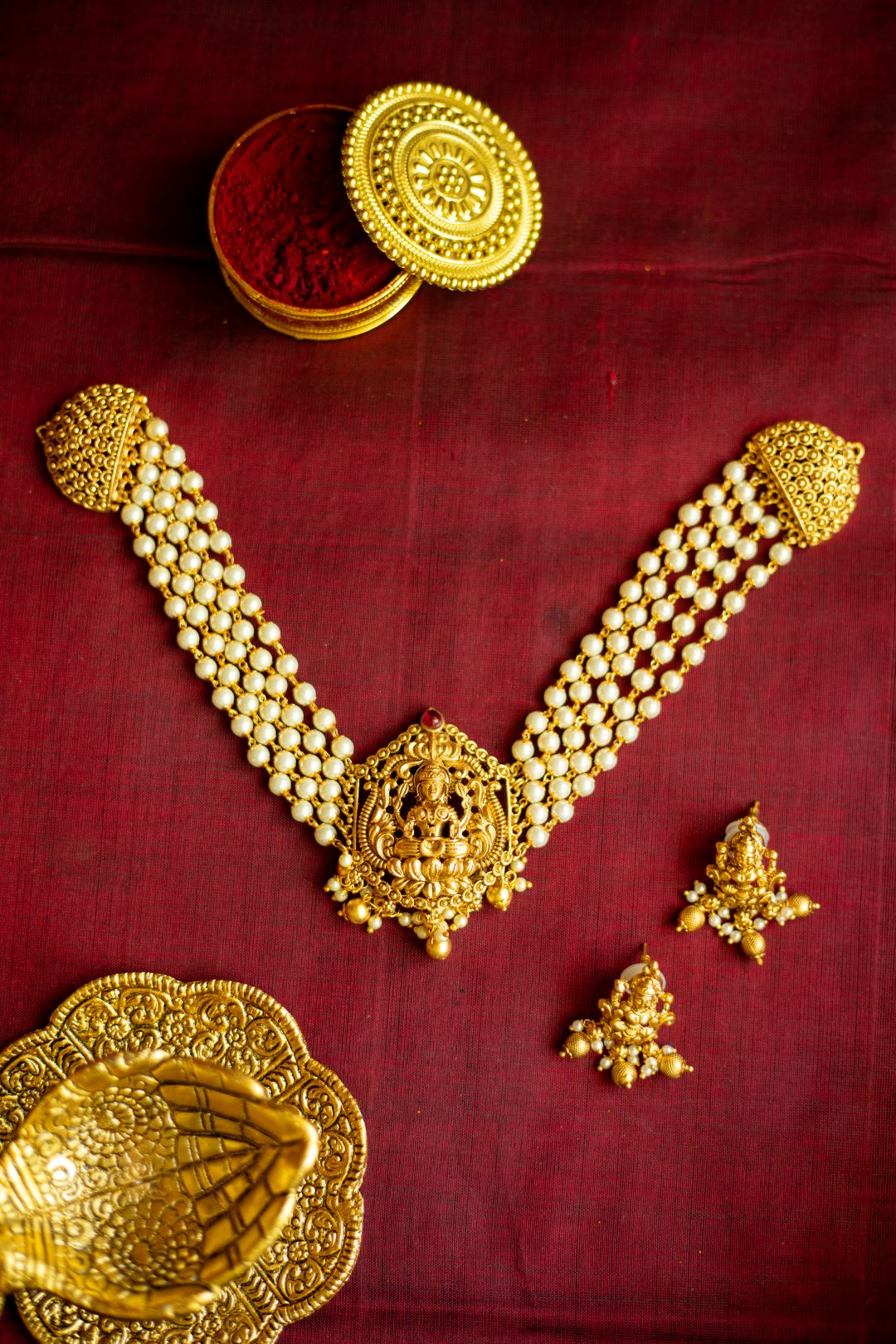 Gold Finish Multi Pearl layer lakshmi choker