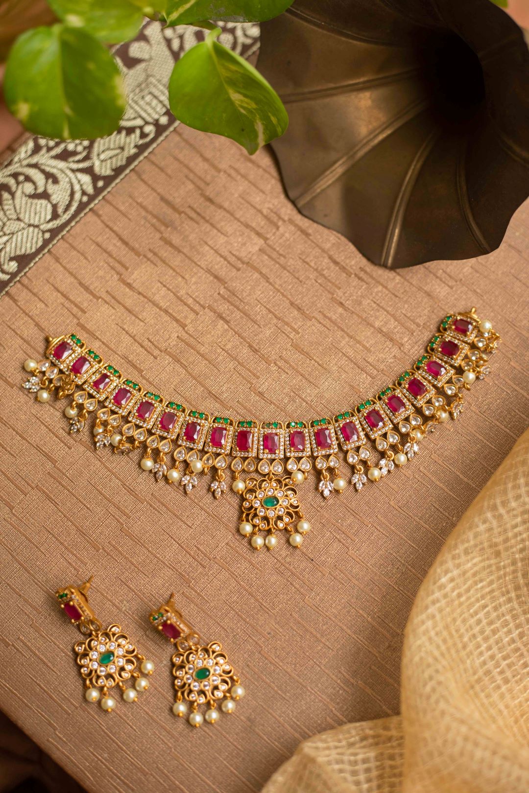 Matte Finish Square Sequnce Ruby Chocker with stud - Model 1
