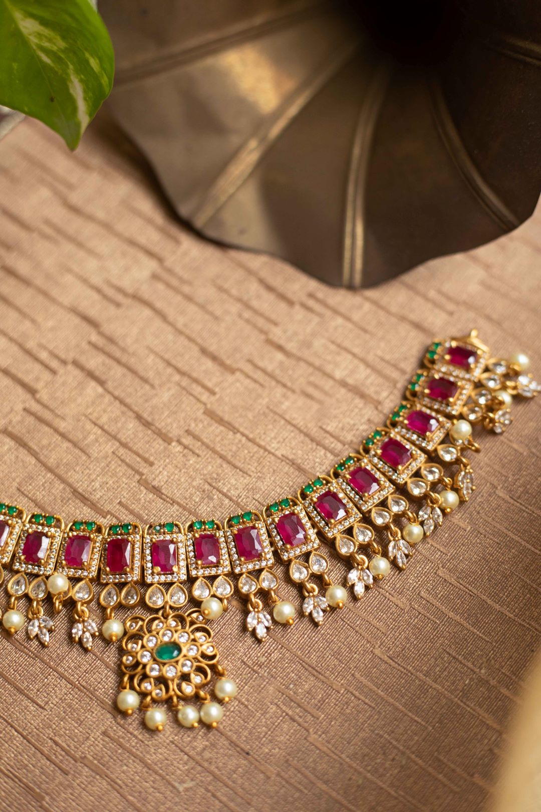 Matte Finish Square Sequnce Ruby Chocker with stud - Model 1
