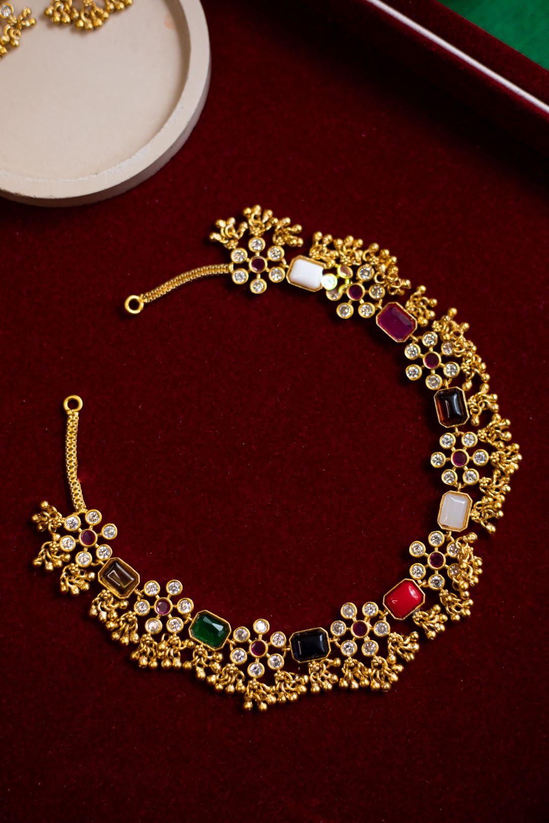 Matte Finish AD , Navaratna Stone with flower Necklace Model 2 #24